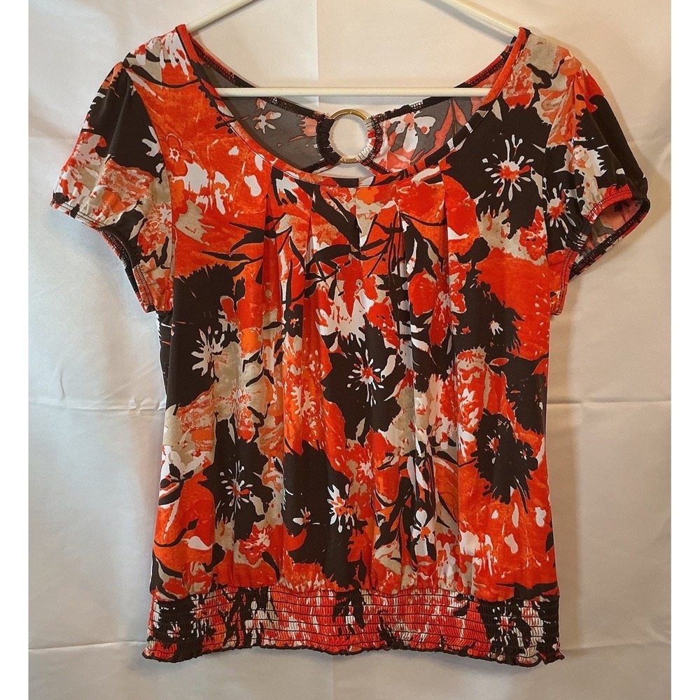 AGB Orange & Brown Stretch Floral Top Blouse Shirt Womens Size L  Keyhole Back